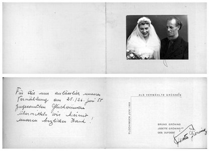 Dankeskarte für Hochzeitswünsche – Linke Seite: „Für die uns anlässlich unserer Vermählung am 25./26. Juni 55 gesendeten Glückwünsche übermitteln wir hiermit unseren herzlichen Dank!“ – Rechte Seite: „Plochingen, Juni 1955. Als Vermählte grüßen Bruno Gröning, Josette Gröning, geb. Dufossé“