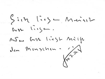 30.7.1956: Signierter Sinnspruch „Sich lieben, heißt Gott lieben. Wer Gott liebt, hilft den Menschen.“