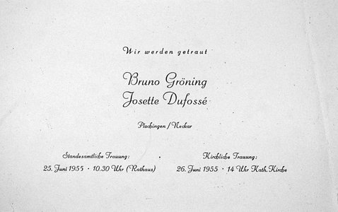 Einladungskarte zur standesamtlichen und kirchlichen Trauung von Bruno Gröning mit Josette Dufossé