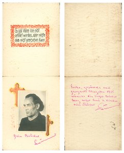 Pfingsten 1951: Grußkarte von Bruno Gröning an seinen Bruder Georg.  – Linke Seite oben: „Es gibt vieles, das nicht erklärt werden, aber nichts, das nicht geschehen kann.“  – Linke Seite unten: „Dein Bruder Bruno“. – Rechte Seite: „Frohe, gesunde und gesegnete Pfingsten 1951 wünscht dir lieber Bruder Georg nebst Frau u. Kinder dein Bruder Bruno“ 